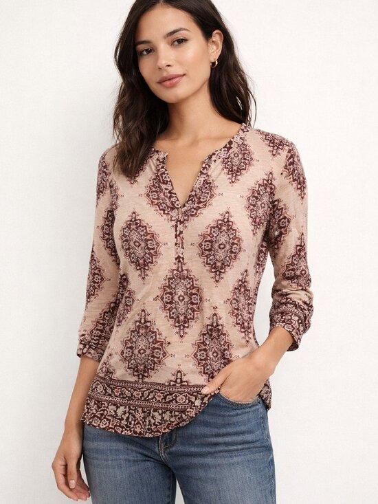 Style & Co. Tops - Style & Co Women’s Boho Tunic Cream Tan XS Split Neck Mixed Print New